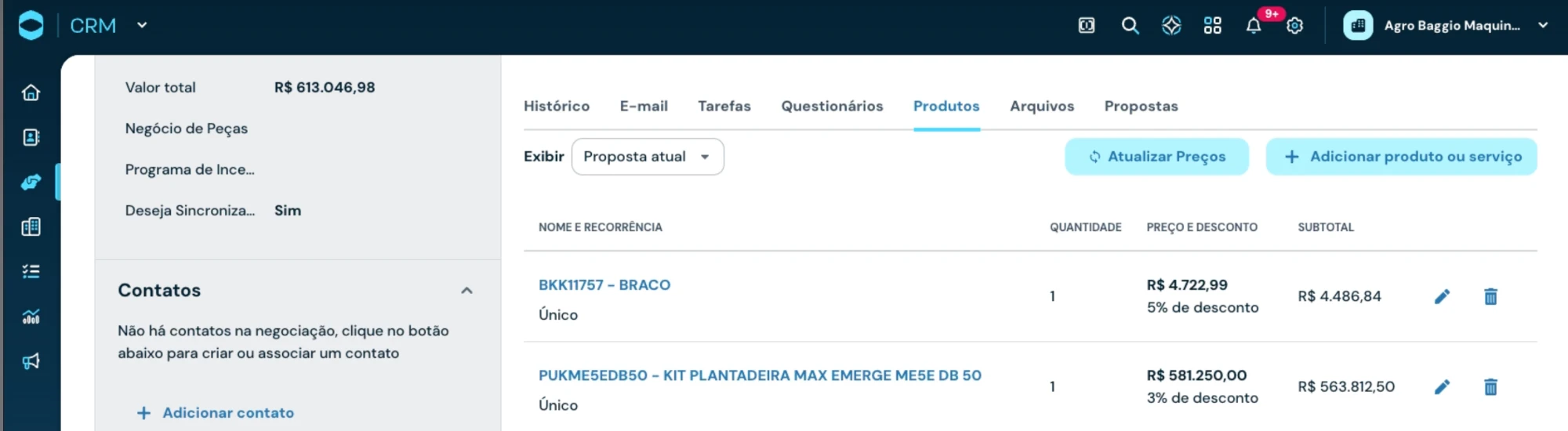 Botão Atualizar Preços criado via widget dentro do RD CRM — integração TOTVS Protheus com tabela de preços e estoque por filial em tempo real
